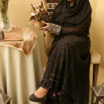 Modest Jet Black Gold Sequined Abaya Set