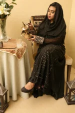 Modest Jet Black Gold Sequined Abaya Set