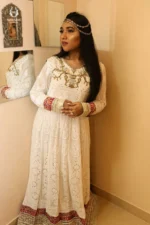 Modest Off-White Chikankari Embroidered Floor-Length Gown