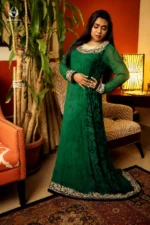 Modest Emerald Green Jacquard Embroidered Gown