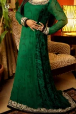 Modest Emerald Green Jacquard Embroidered Gown - Image 2