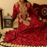 Modest Deep Maroon Heavy Embroidered Jacquard Gown