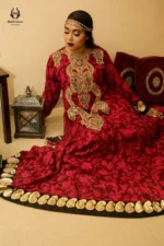 Modest Deep Maroon Heavy Embroidered Jacquard Gown