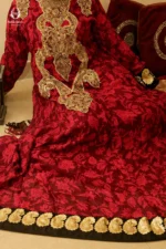 Modest Deep Maroon Heavy Embroidered Jacquard Gown - Image 2