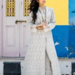 Modest Off-White Chikankari Open Gown & Straight Pants Set