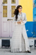 Modest Off-White Chikankari Open Gown & Straight Pants Set