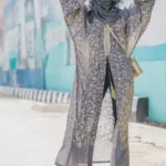 Modest Grey & Gold Printed Open Abaya Set