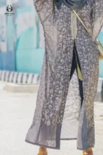 Modest Grey & Gold Printed Open Abaya Set - Image 2