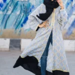 Modest Sky Blue Gold Embroidered Open Abaya Outer