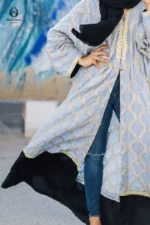Modest Sky Blue Gold Embroidered Open Abaya Outer - Image 2