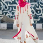 Modest Off-White & Hot Pink Embroidered Open Gown Set