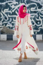 Modest Off-White & Hot Pink Embroidered Open Gown Set