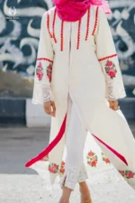 Modest Off-White & Hot Pink Embroidered Open Gown Set - Image 2