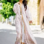 Modest Pastel Pink & Gold Printed Open Gown Set
