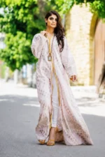 Modest Pastel Pink & Gold Printed Open Gown Set