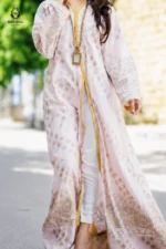 Modest Pastel Pink & Gold Printed Open Gown Set - Image 2