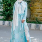 Modest Powder Blue & Lace Front-Open Gown Set
