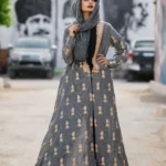Modest Charcoal Grey Embroidered Open Gown Set