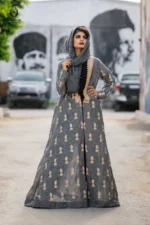 Modest Charcoal Grey Embroidered Open Gown Set