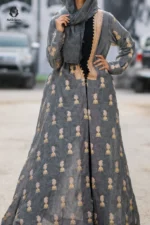 Modest Charcoal Grey Embroidered Open Gown Set - Image 2