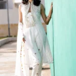 Modest Pure White Silver Embroidered Jacket Set