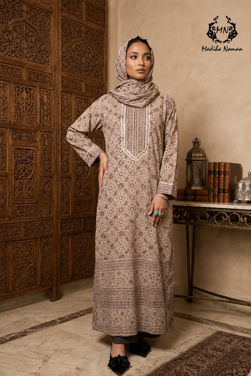 11 Beige Printed Abaya - Image 1