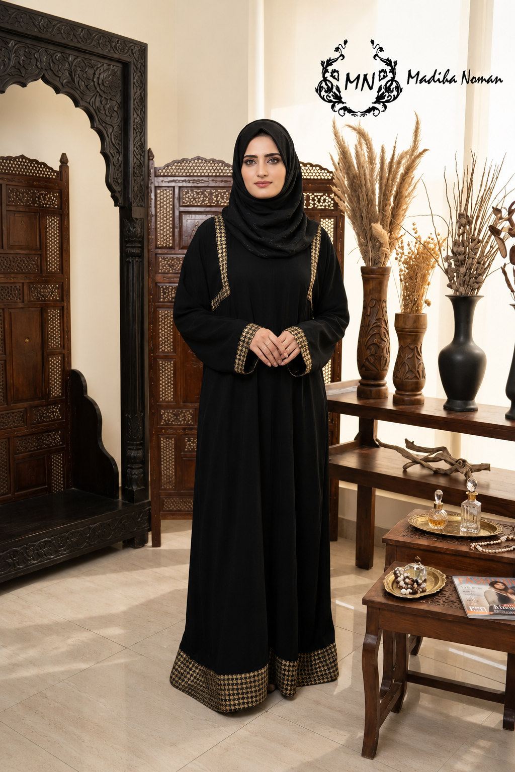 13 Black Gold Border Abaya - Image 1