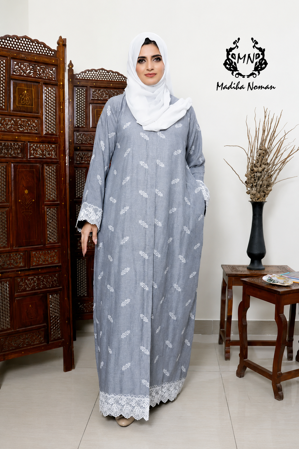 2 Grey Printed Abaya - Image 1