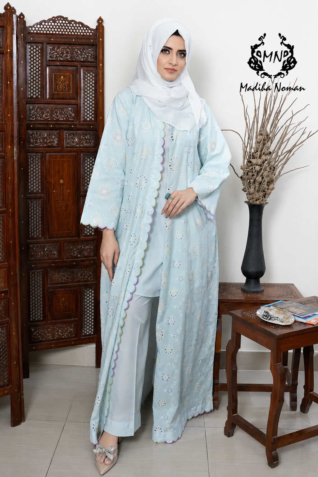 5 Powder Blue Schiffli Abaya - Image 1