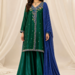Emerald Green & Royal Blue Hand-Embroidered Sharara Set