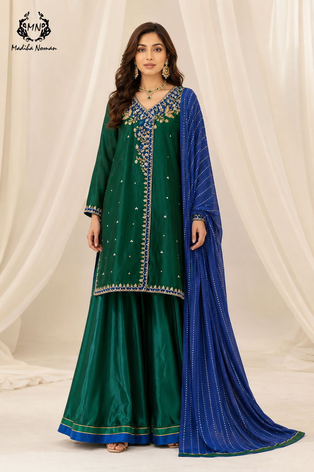 5 Emerald Green & Royal Blue Hand-Embroidered Sharara Set - Image 1
