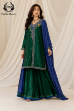 Emerald Green & Royal Blue Hand-Embroidered Sharara Set - Image 4