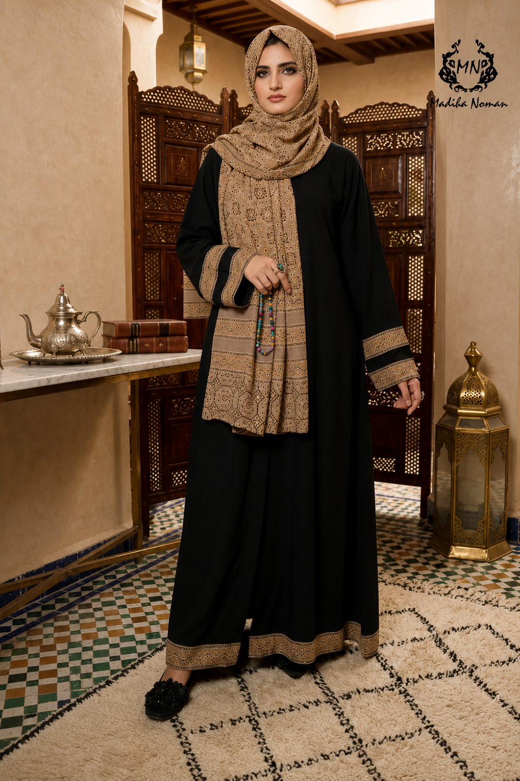8 Black Ajrak Border Abaya - Image 1