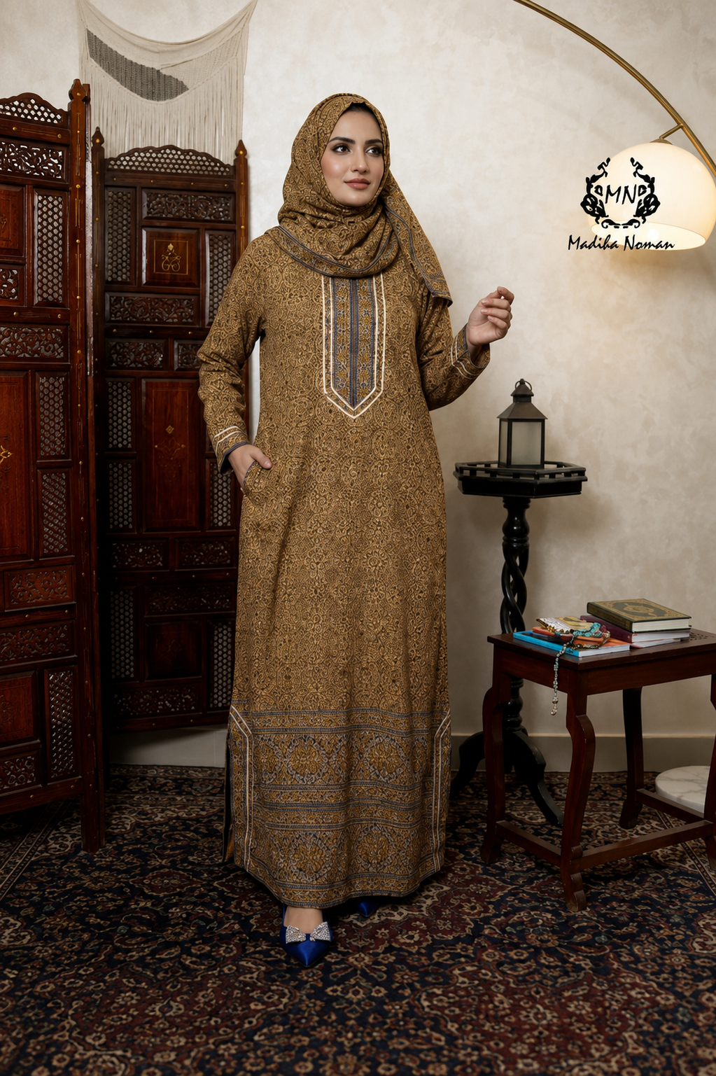 9 Mustard Printed Abaya - Image 1