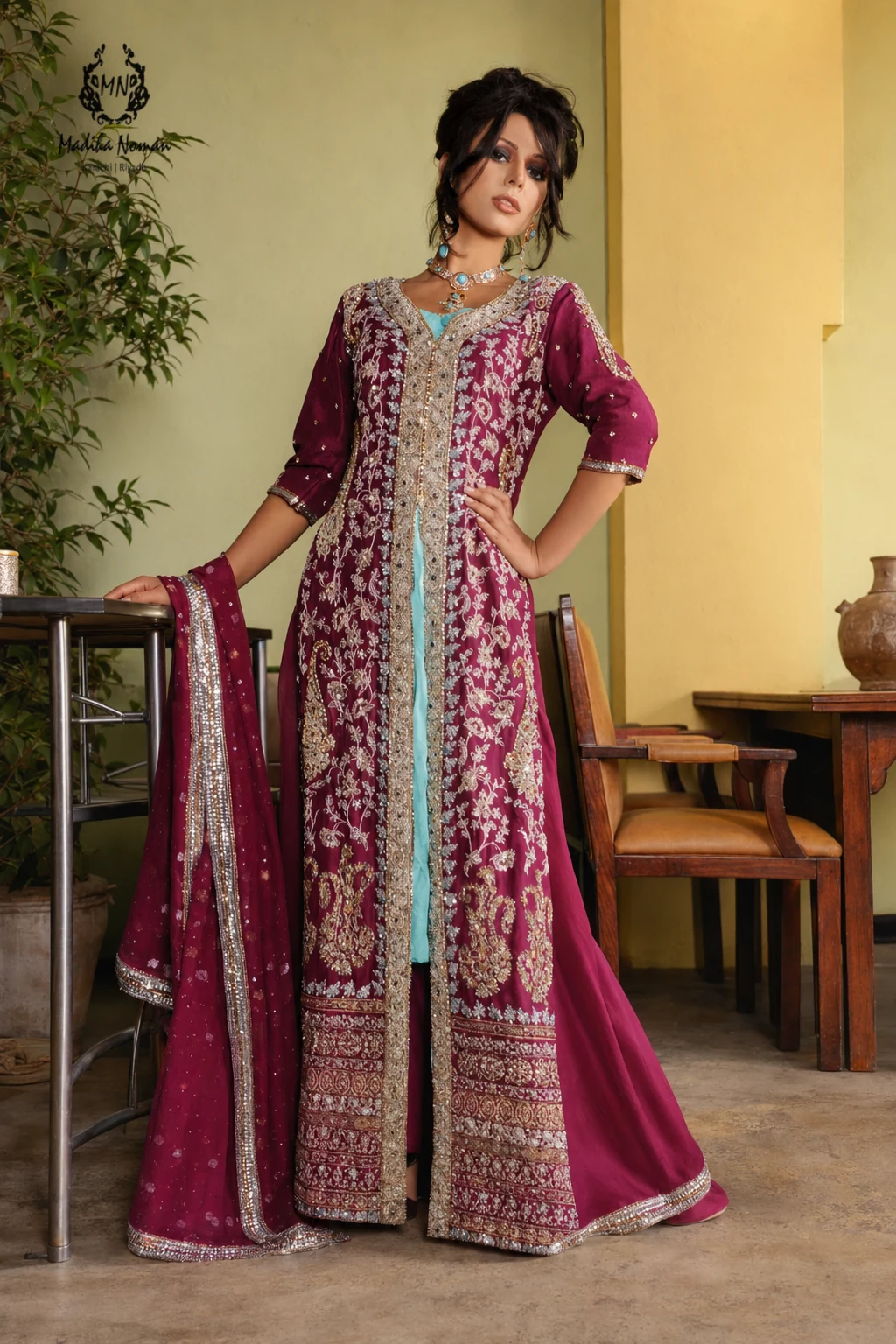 bridal_b10_01 Bridal Plum & Turquoise Front-Open Dress - Image 1