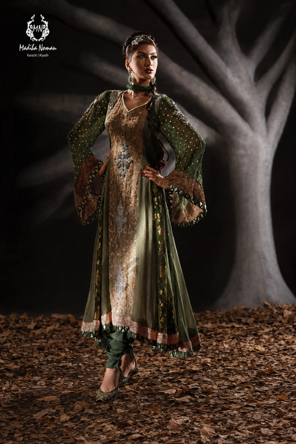 bridal_b6_01 Bridal Olive Green Long Frock - Image 1