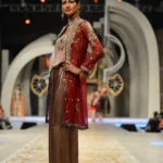 Runway Red Net Sheer Jacket & Metallic Bronze Palazzo Set