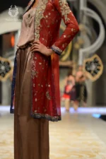 Runway Red Net Sheer Jacket & Metallic Bronze Palazzo Set - Image 2